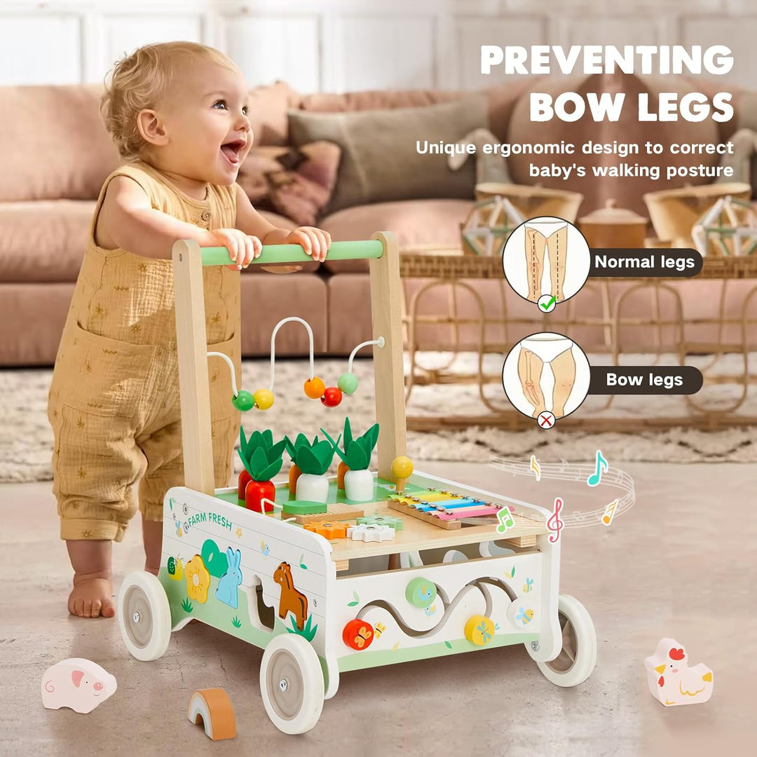 Labebe Lauflernwagen Holz,Baby Lauflernhilfe mit gummierten Holzrädern und Activity Center, Gehfrei