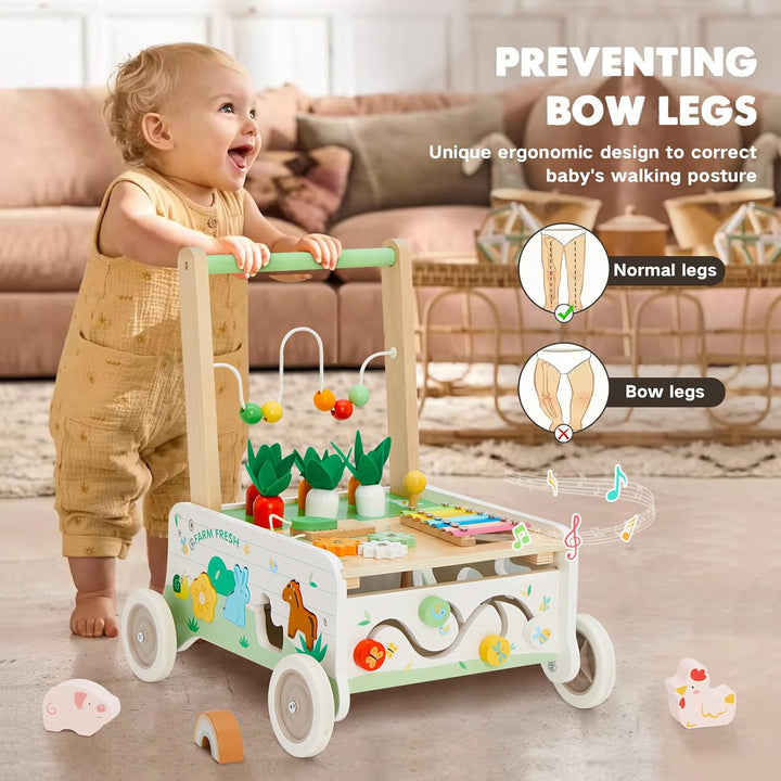 Labebe Lauflernwagen Holz,Baby Lauflernhilfe mit gummierten Holzrädern und Activity Center, Gehfrei