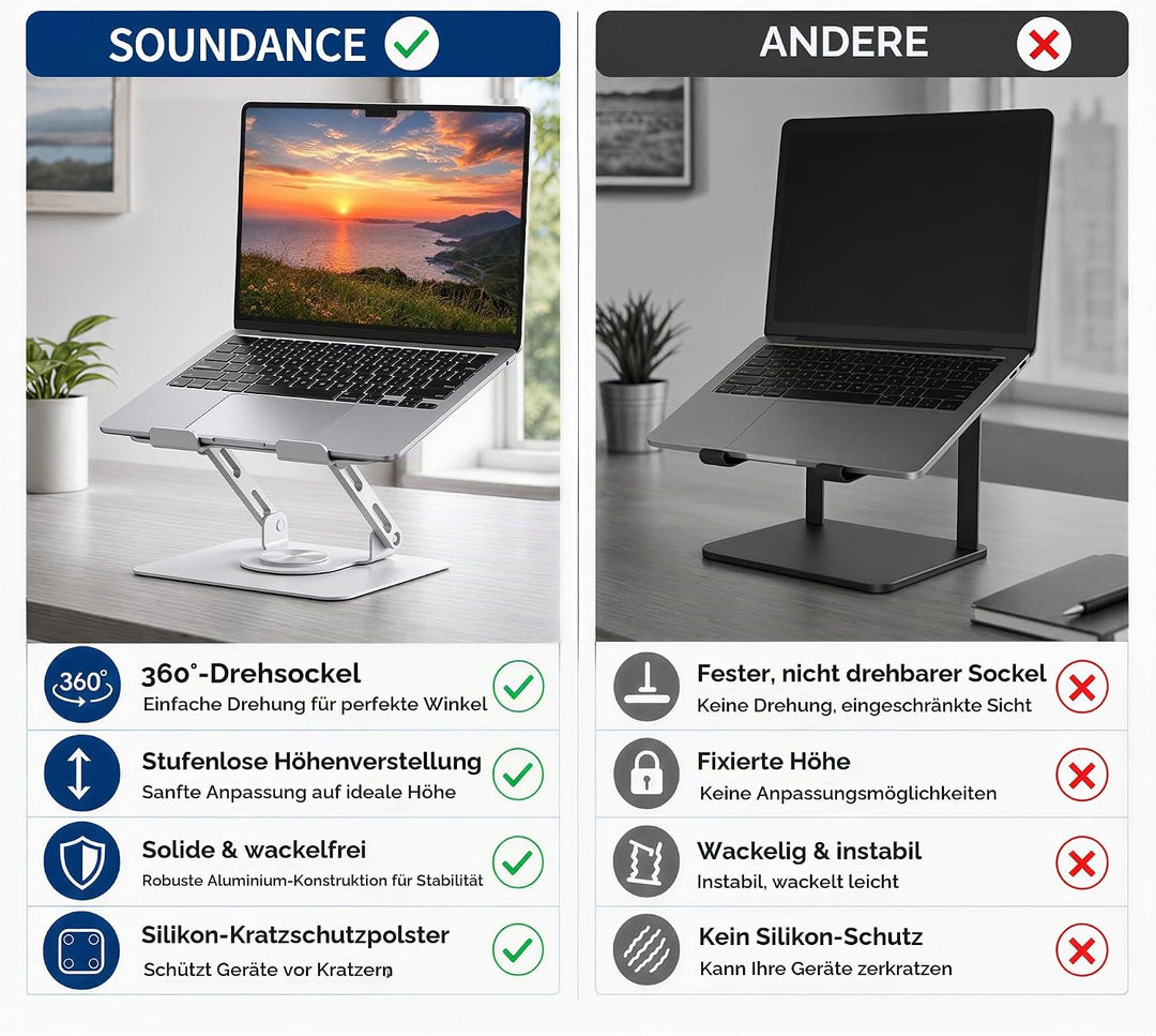 SOUNDANCE Laptopständer mit 360° drehbarer Basis, Ergonomische Computererhöhung für Schreibtisch, Ei