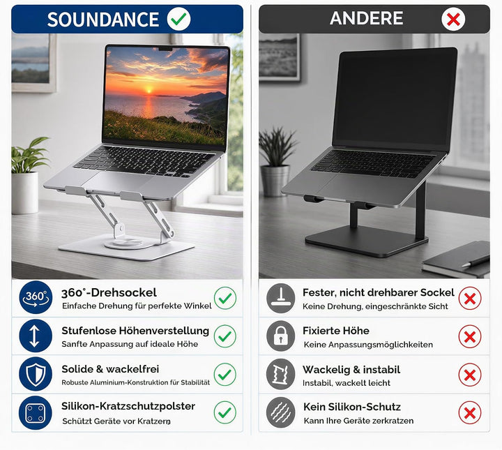 SOUNDANCE Laptopständer mit 360° drehbarer Basis, Ergonomische Computererhöhung für Schreibtisch, Ei