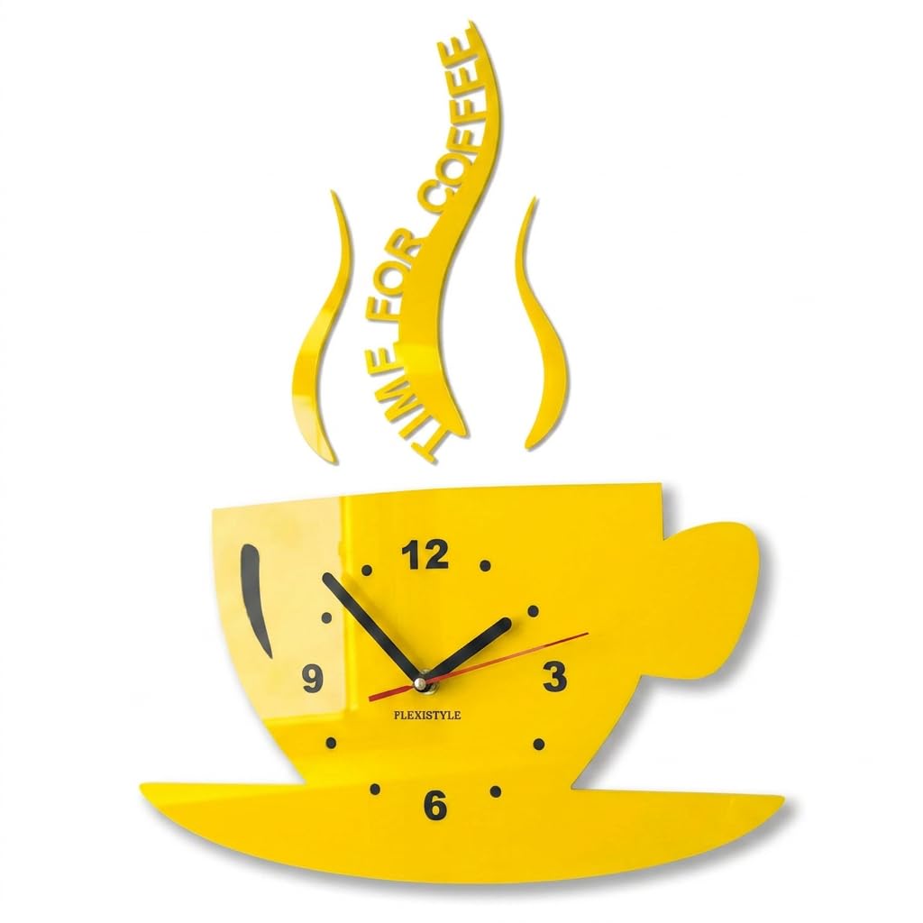FLEXISTYLE Tasse Time for Coffee (Zeit für Kaffee) Moderne Küche Wanduhr, Zitronengelb, 3D römisch,