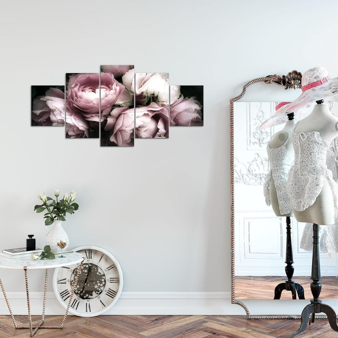 Runa Art Wandbilder Blumen Rosen 5 Teilig Bild auf Vlies Leinwand Deko Wohnzimmer Vintage Schwarz Bu