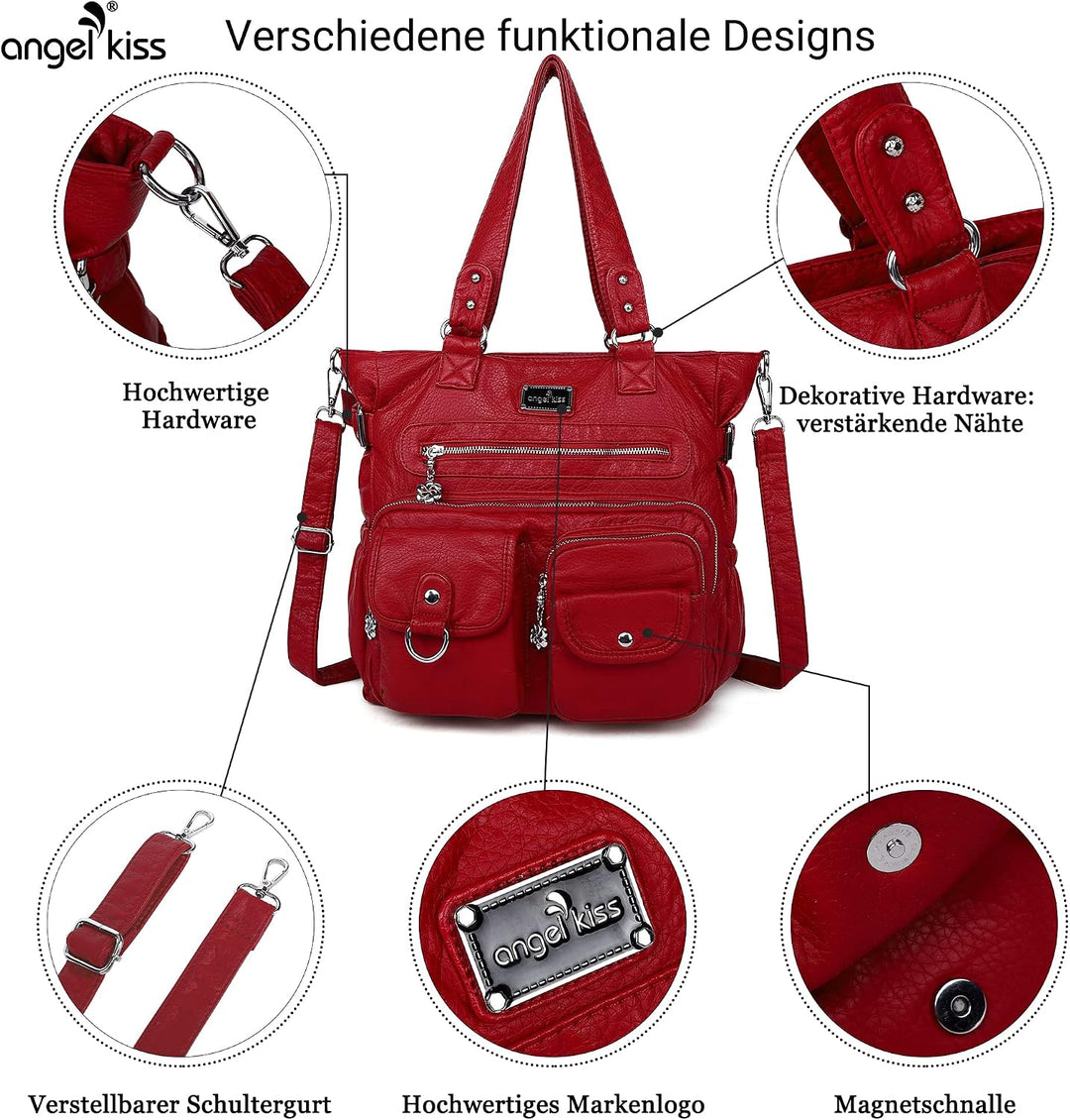 angel kiss Handtasche Damen Schultertasche Multifunktionale Umhängetaschen Gewaschenes Veganes Leder