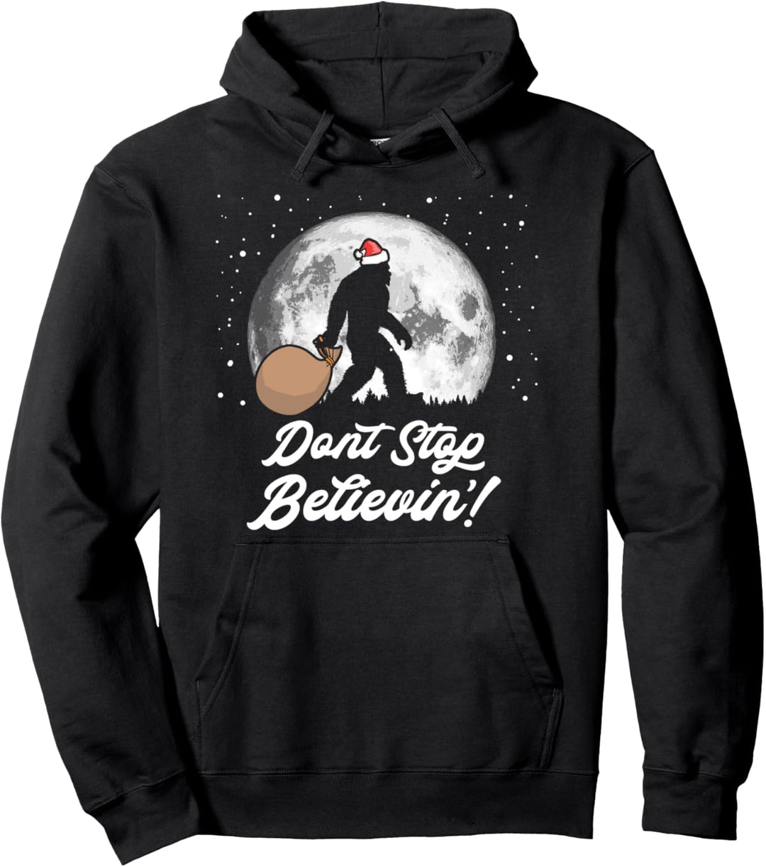 Don't Stop Believin'! Funny Bigfoot Santa Moon Christmas Pullover Hoodie