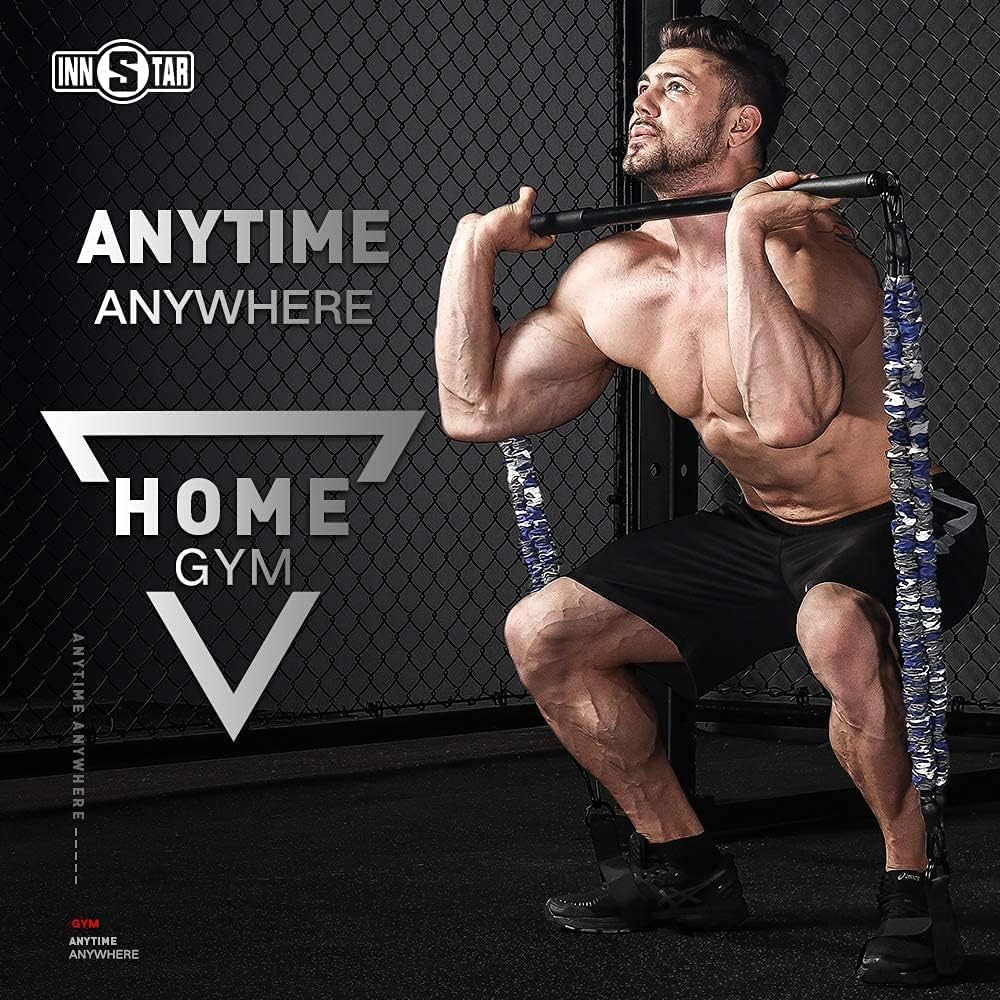 INNSTAR Portable Home Gym 3.0 Set, Verstellbares Widerstandsband mit Stange und Kniebeugen-Bändern f