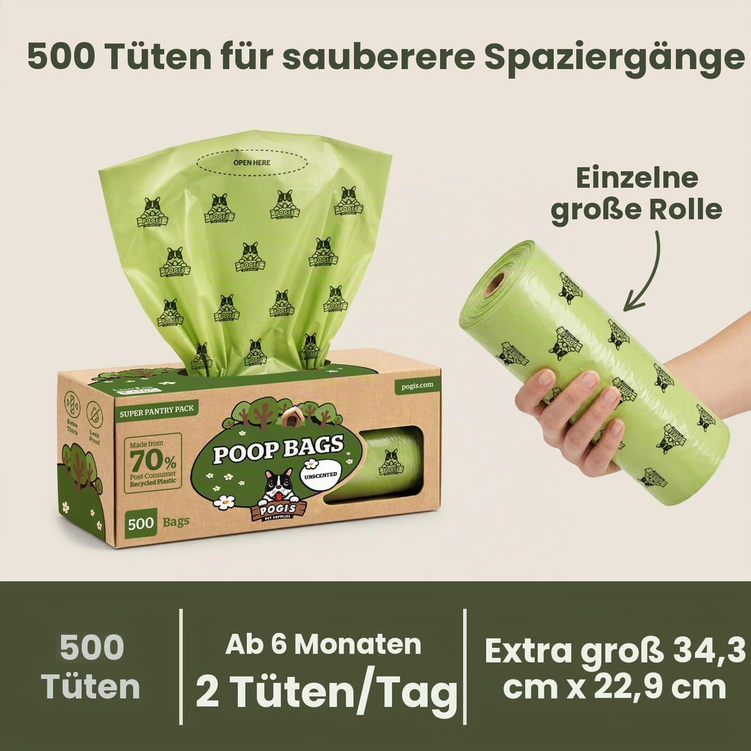Pogi's Hundekotbeutel - 500 unparfümierte Tüten für Vorräte und öffentliche Hundeklos - grosse, biol