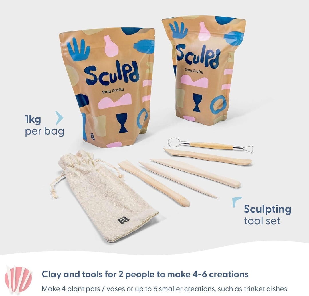 Sculpd Töpferei-Set, lufttrocknender Ton, Starter-Set für Anfänger mit Glanzlack, Töpferset beinhalt