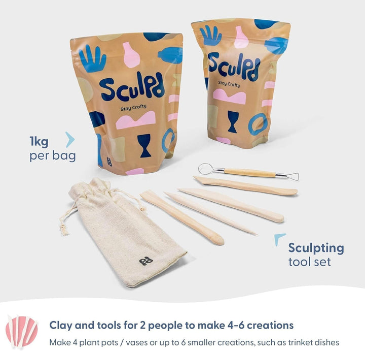 Sculpd Töpferei-Set, lufttrocknender Ton, Starter-Set für Anfänger mit Glanzlack, Töpferset beinhalt