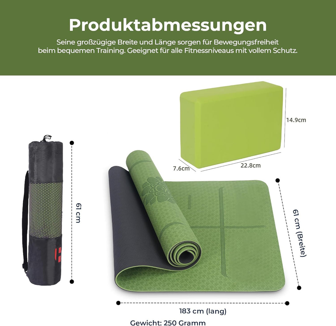 Yogamatte Set mit Yogablöcken – Rutschfeste gepolsterte Fitnessmatte inkl. Tragetasche mit Schulterg