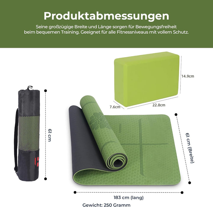 Yogamatte Set mit Yogablöcken – Rutschfeste gepolsterte Fitnessmatte inkl. Tragetasche mit Schulterg