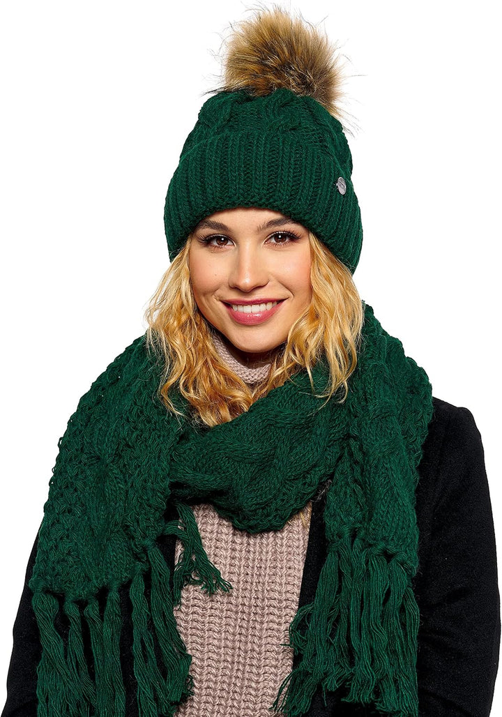 ELIMELI® Winter Mütze Damenmütze mit Fell-Bommel Fleece Innenfutter gefüttert - warme Damen Bommelmü