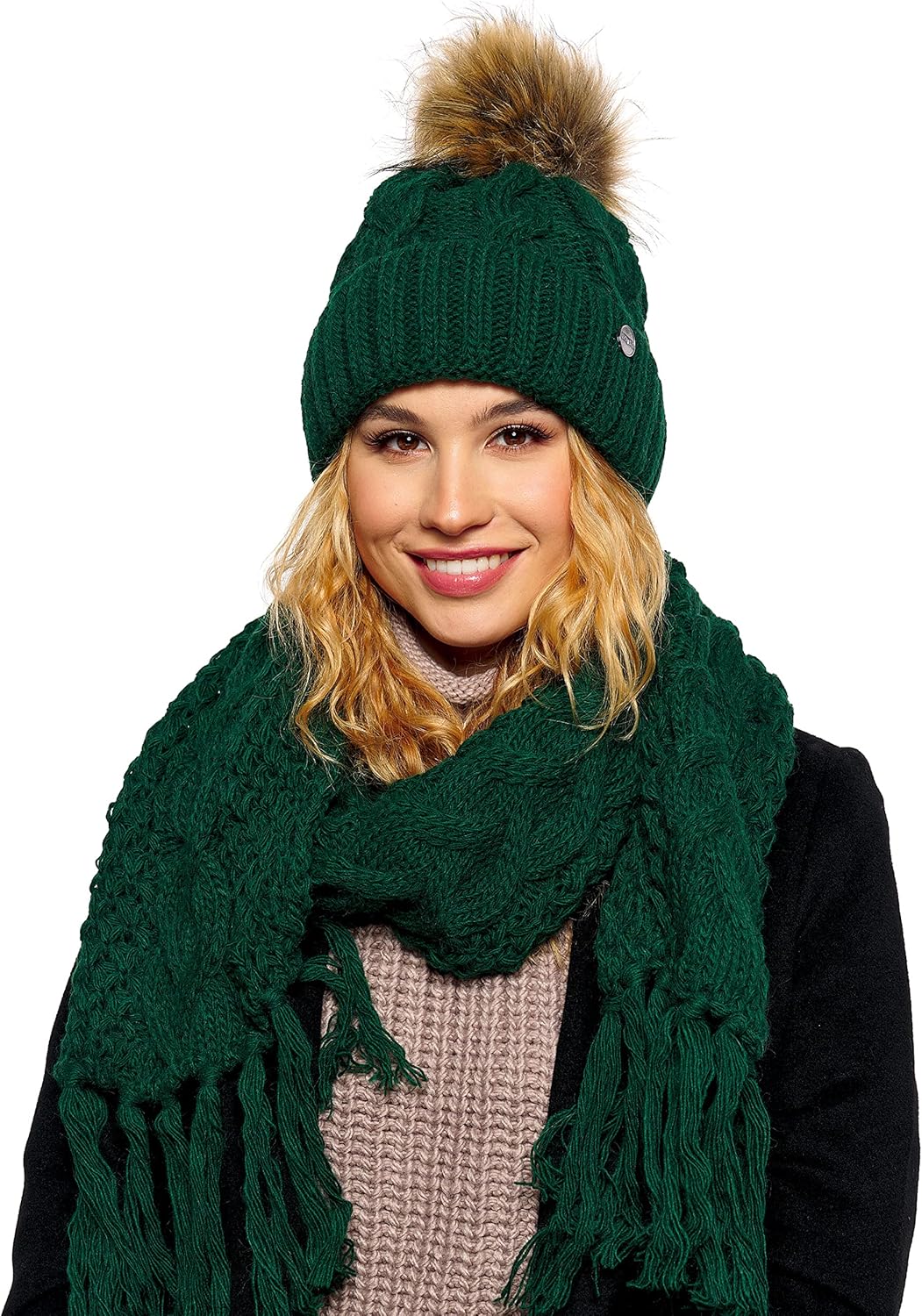 ELIMELI® Winter Mütze Damenmütze mit Fell-Bommel Fleece Innenfutter gefüttert - warme Damen Bommelmü