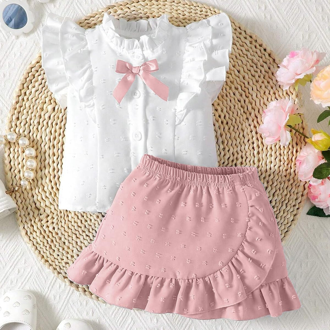 Baby Mädchen Rock Set Rüschen Ärmellose Bluse mit Schleife & Eleganter Schweizer Punkten Rock 2Pcs S