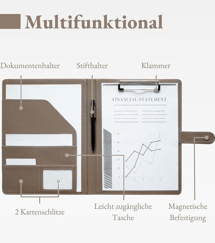 Mymazn Klemmbrett A4 mit Deckel, Mappe A4 Schreibmappe Klemmbrettmappe, PU-Leder Konferenzmappe A4 m