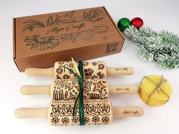 Weihnachtsspass Kinder Nudelholz mit Muster Weihnachten Backen 3-er SET - Teigroller Holz für DIY We