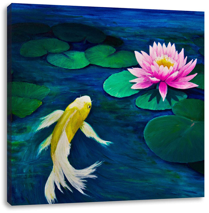 Koi mit Seerose Kunst, Format: 70x70 auf Leinwand, XXL riesige Bilder fertig gerahmt mit Keilrahmen,