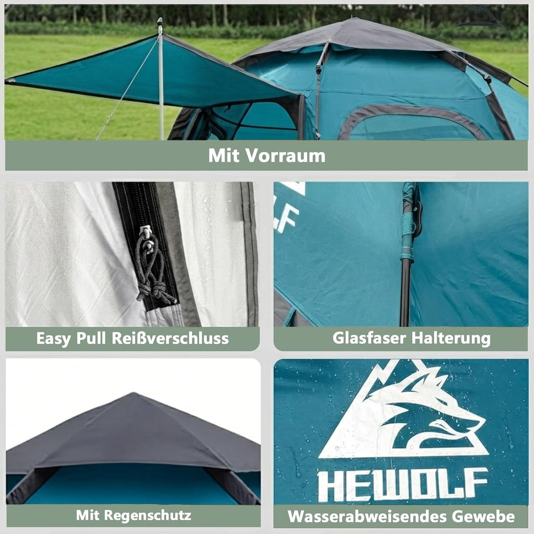 Hewolf Camping Zelt - Zelt 2/3/4 Personen Wasserdicht mit Vorzelt Familienzelt Einfache Einrichtung