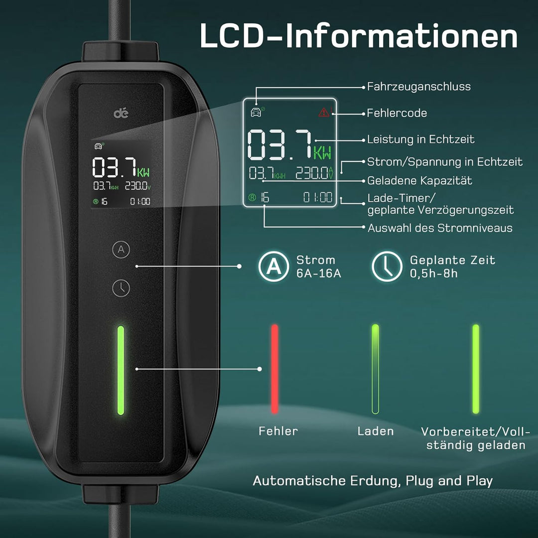 dé Typ 2 Ladekabel Schuko 3,68kW[1-phasig, 6m, 6-16A], EV Chargers mit Steuerbarer Digitalanzeige fü