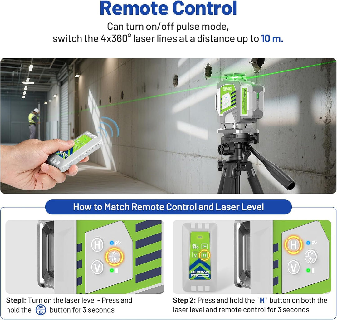 Huepar Pro Kreuzlinienlaser 4 * 360 Grad Selbstnivellierend Grün Laser Wasserwaage, Hochpräzises 4D