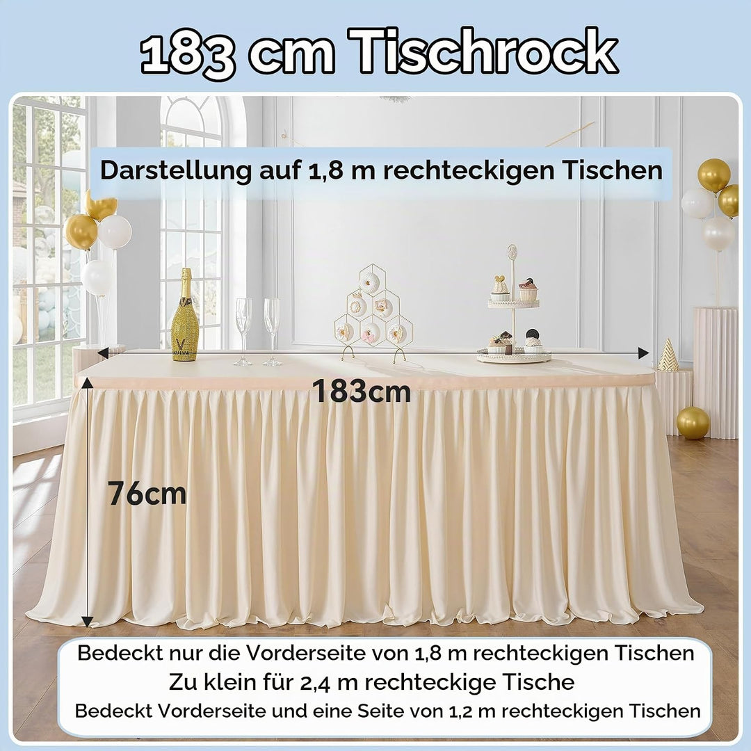 183cm Elfenbein Polyester Tischröcke für Rechteck Tische, Faltenfreie Rüschen Falten Tuch Tutu Tisch