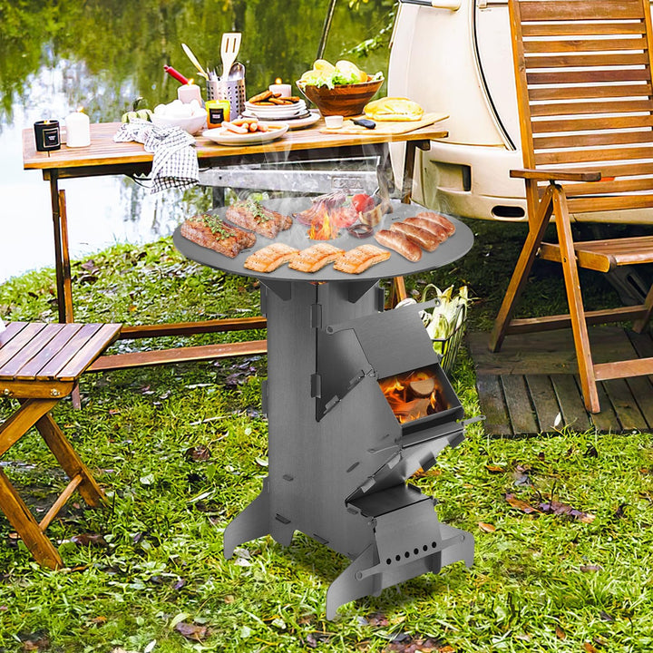 Eulenke Raketenofen mit Grillplatte und Feuerhaken, Rocket Stove Stecksystem aus 3 mm dickem Stahl,