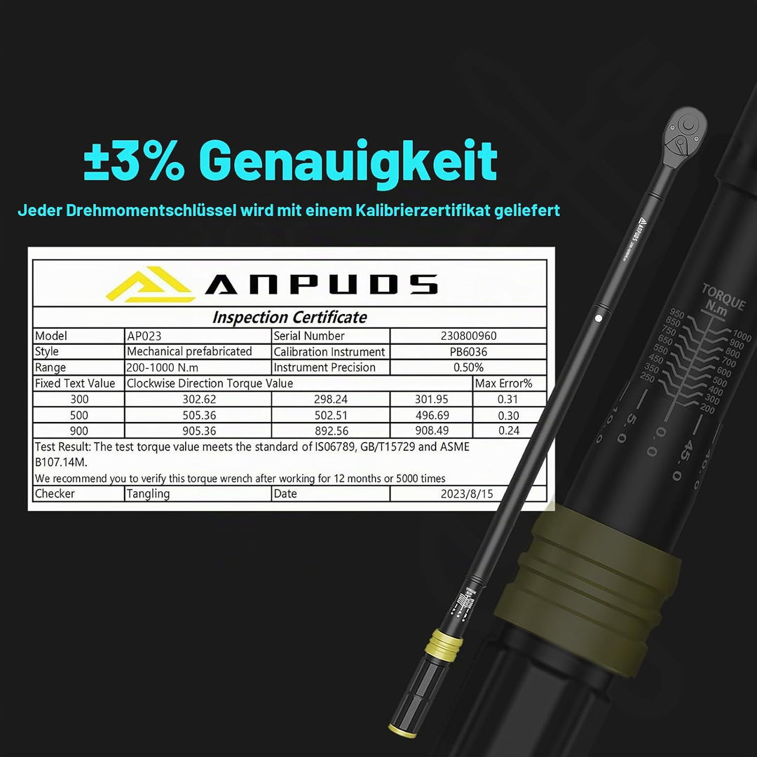 ANPUDS Drehmomentschlüssel 3/4 Zoll, 200-1000 Nm Drehmomentschlüssel, ±3% Fehlergenauigkeit mit 48 Z
