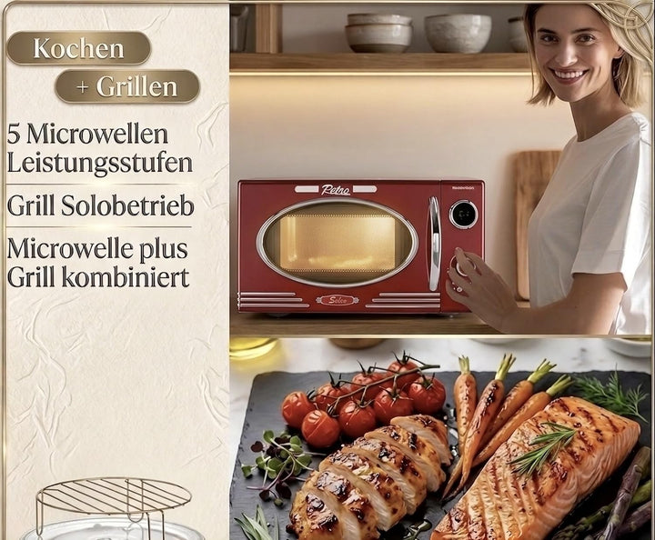 Salco Mikrowelle 2 in 1 – Retro-Style mit Grillfunktion - 23 l Garraum, metallic-rot, 900 W - 12 Fun