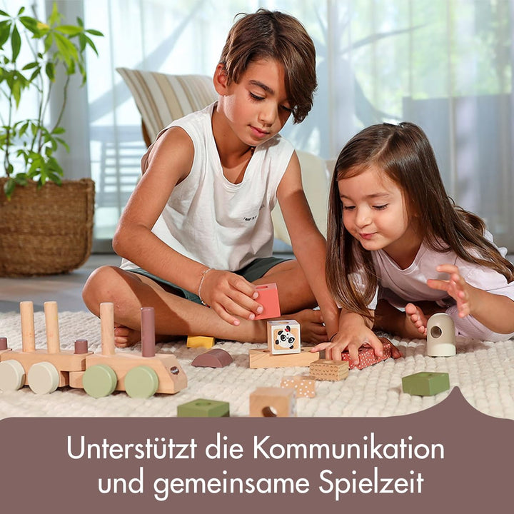 Tiny Love hölzerner Stapelzug, Holzzug Baby, Zug Spielzeug Holz mit 3 Waggons und 14 stapelbaren Spi