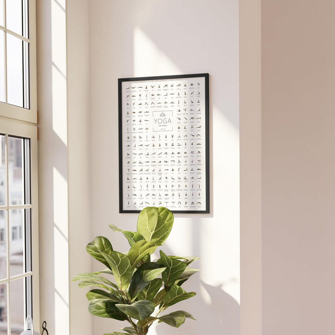 JUNOMI® Yoga Poster DIN A2 mit Rahmen Schwarz, Yoga Zubehör für Studios und Übungen Zuhause, perfekt