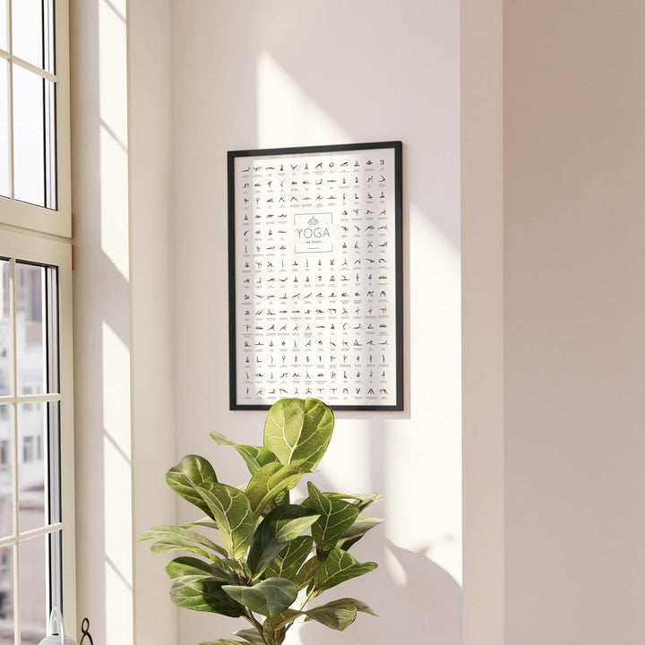 JUNOMI® Yoga Poster DIN A2 mit Rahmen Schwarz, Yoga Zubehör für Studios und Übungen Zuhause, perfekt