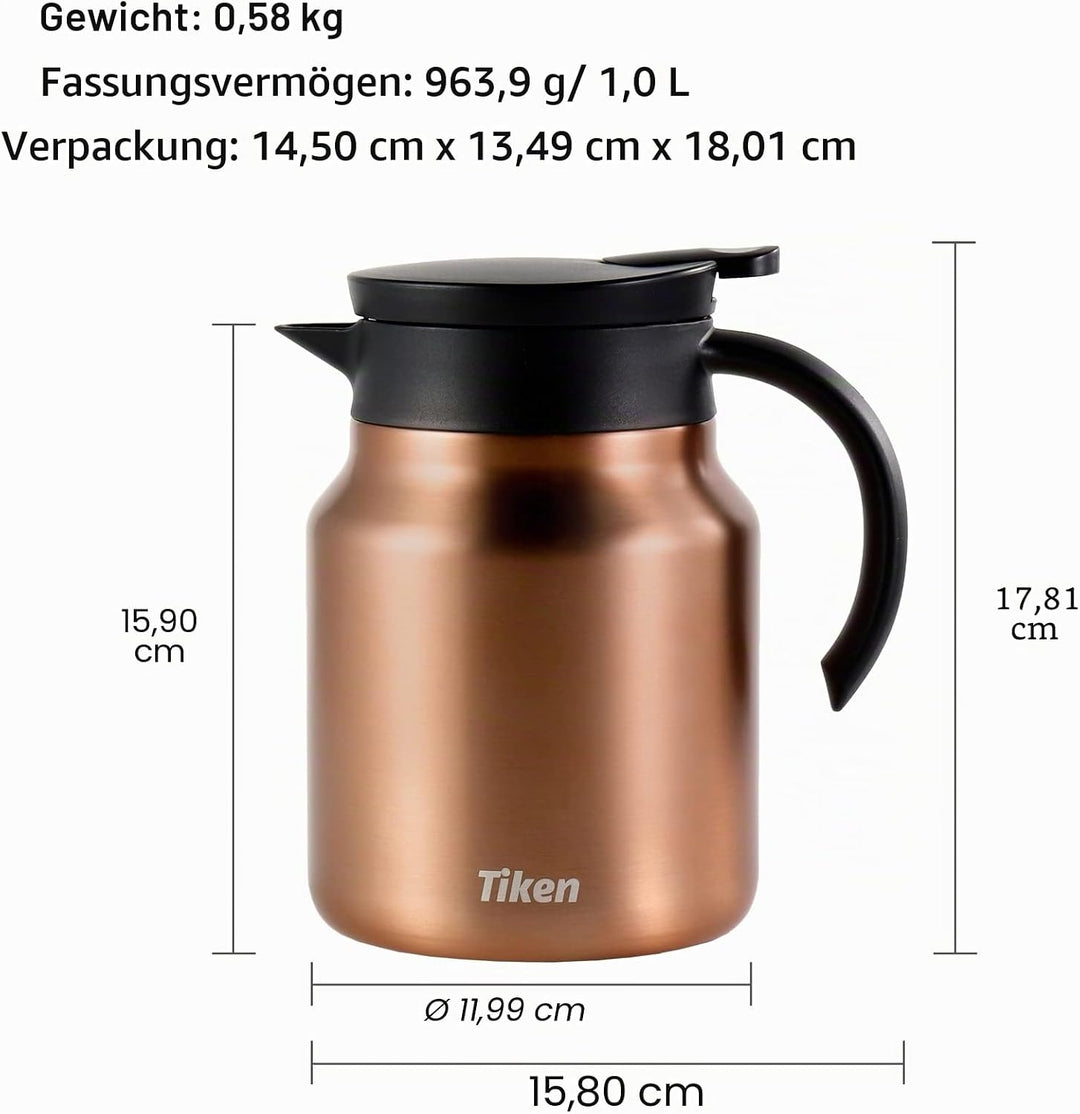 Tiken 1L Thermoskanne aus Doppelwandingem Edelstahl Isolierkanne Kaffeekanne mit Quick Tip Verschlus