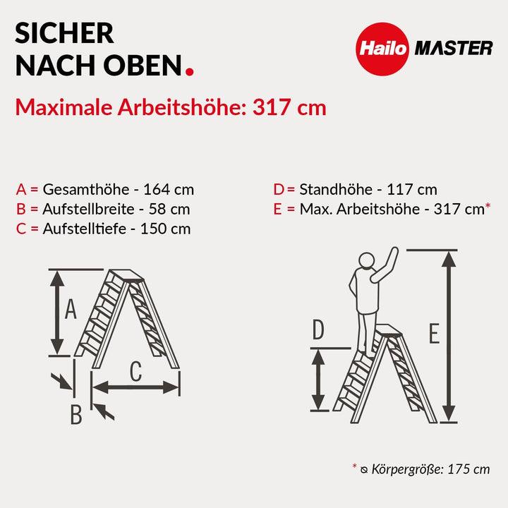 Hailo Master D100 Aluminium Doppelstufenleiter – beidseitig begehbare Stufenleiter - breite Rutschhe