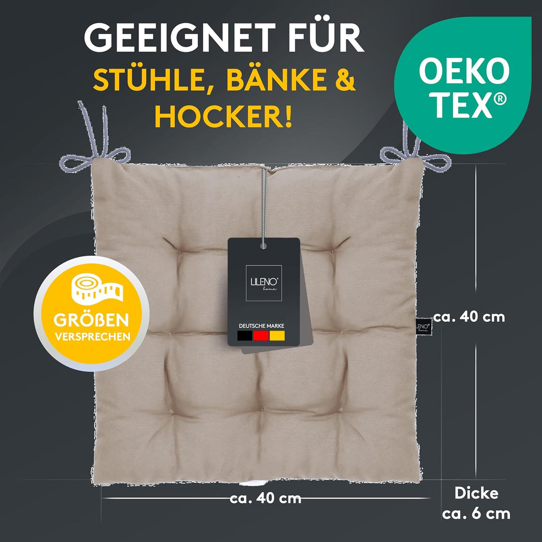 LILENO HOME 2er Set Stuhlkissen 14 Hellbraun (40x40x6 cm) - Sitzkissen für Garten, Küche oder Esszim