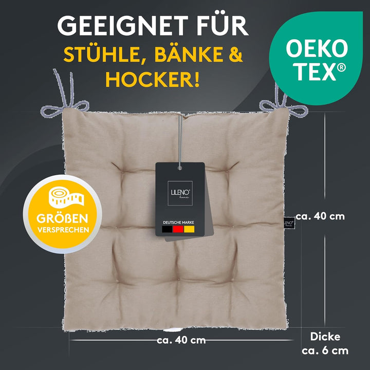 LILENO HOME 2er Set Stuhlkissen 14 Hellbraun (40x40x6 cm) - Sitzkissen für Garten, Küche oder Esszim