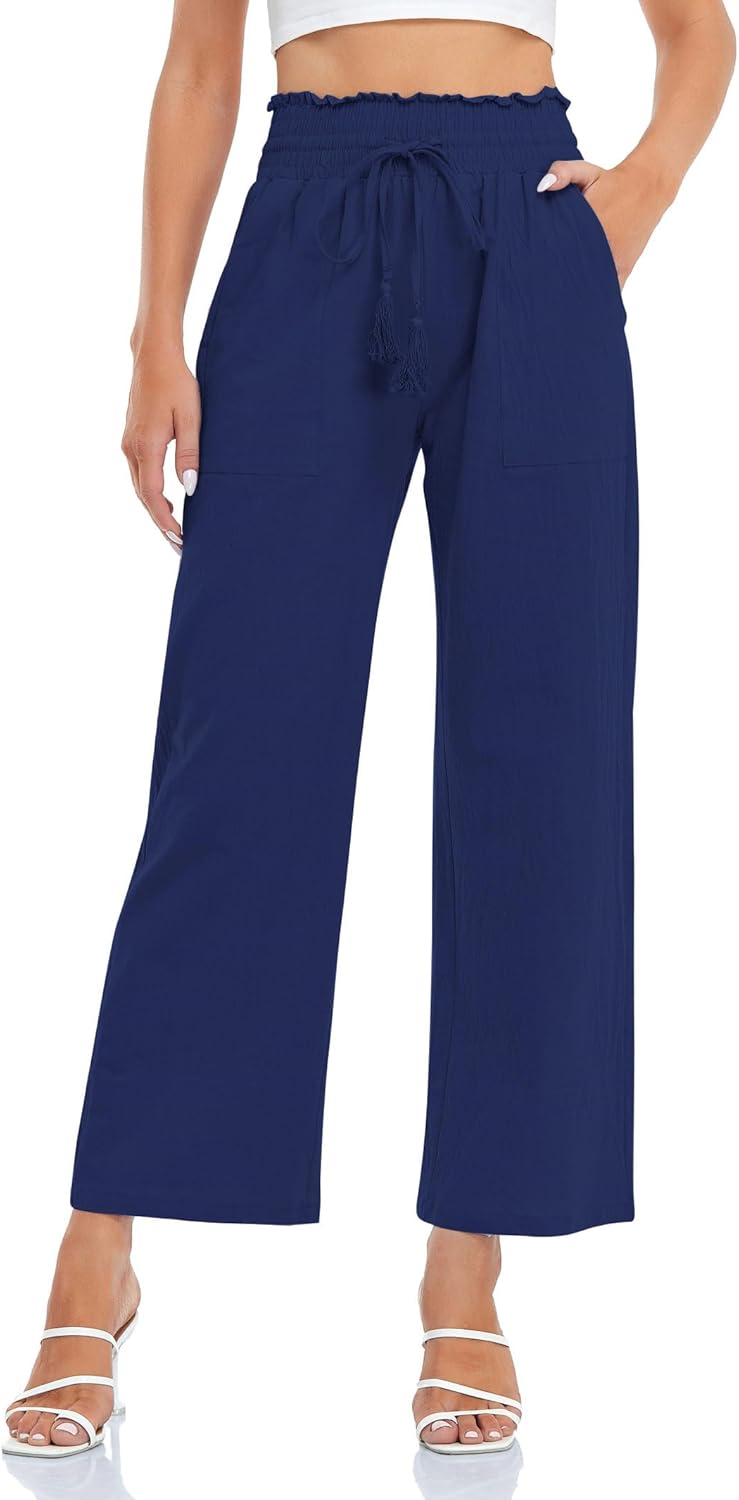Famulily Leinenhose Damen Sommer Weites Bein High Waist Palazzo Freizeithose Stoffhose Yogahose Mit