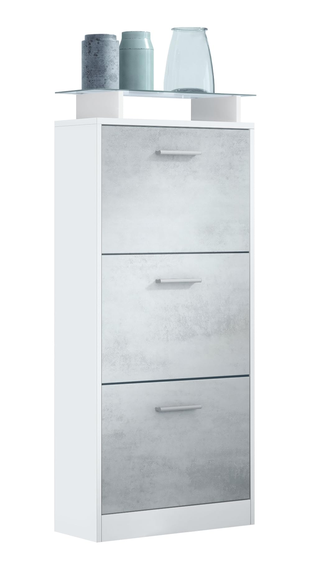 Vladon Schuhschrank Lavia V2, Schuhkipper für 12 Paar Schuhe mit 3 Klappen und Glasablage, Weiss mat