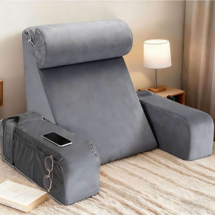 Gross lesekissen für Bett und Sofa, Erwachsene Rückenkissen Bett mit Nackenrolle &amp; Armlehnen, Ergono