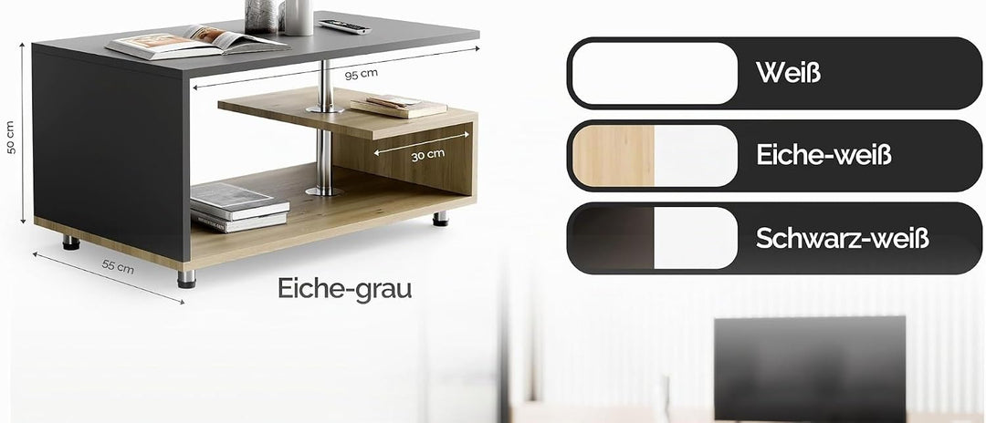 Casaria® Couchtisch Grau Holz Modern mit Stauraum 95x55cm Edelstahl Füsse Rund Höhenverstellbar Abla