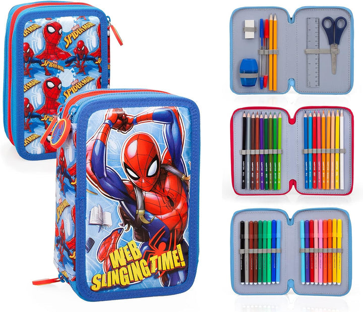 L'ERBAVOGLIO Federmäppchen für Schule, 3 Reissverschluss, komplett mit 44 Stück, Spiderman (Hellblau