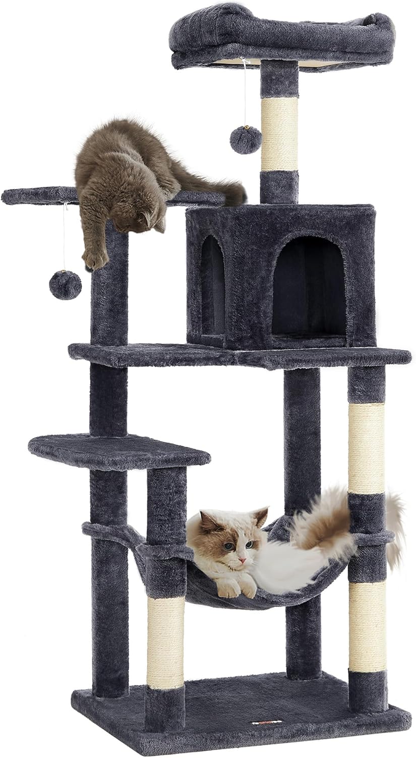 Feandrea Kratzbaum, 143 cm hoch, Katzenbaum, mehrstöckige Katzenhaus, mit 4 Kratzsäulen, 2 Plattform