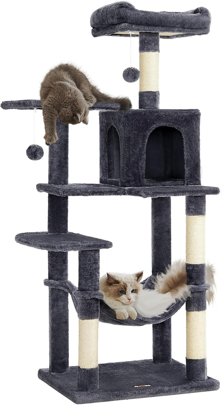 Feandrea Kratzbaum, 143 cm hoch, Katzenbaum, mehrstöckige Katzenhaus, mit 4 Kratzsäulen, 2 Plattform