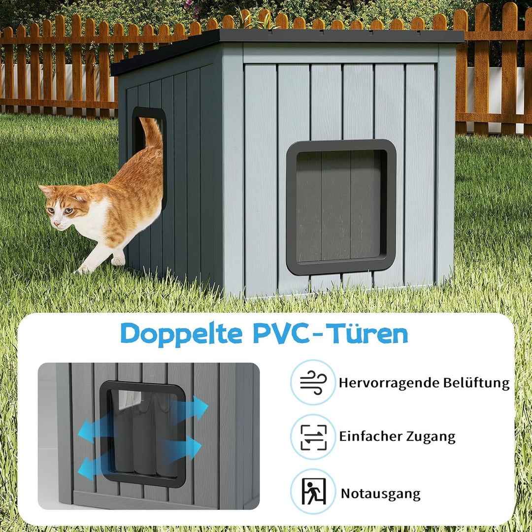 COSTWAY Katzenhaus Outdoor Winterfest, Isolierte Katzenhütte für Winter, Katzenhöhle mit 2 PVC-Türen