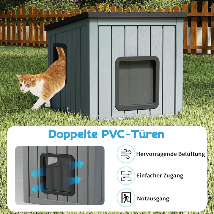 COSTWAY Katzenhaus Outdoor Winterfest, Isolierte Katzenhütte für Winter, Katzenhöhle mit 2 PVC-Türen