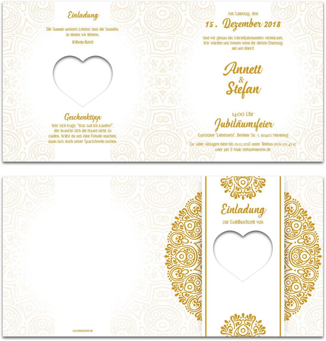 10 x Lasergeschnitten Hochzeitseinladungen Goldhochzeit goldene Hochzeit Einladung individuell - Her