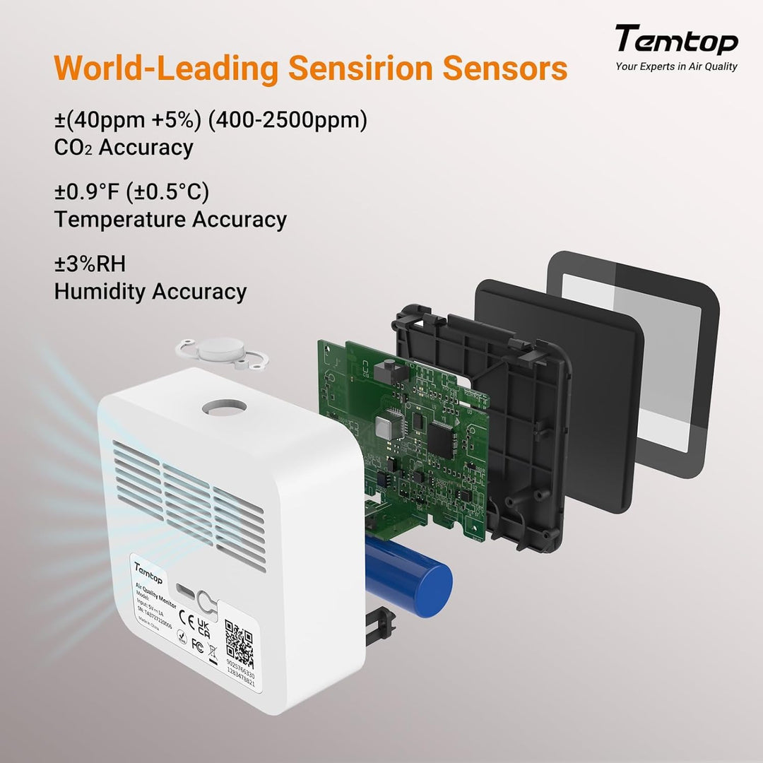 Temtop CO2 Bluetooth Messgerät Raumluft Mit App-Verbindung, Echtzeit CO2 Überwachung, Temperatur & L