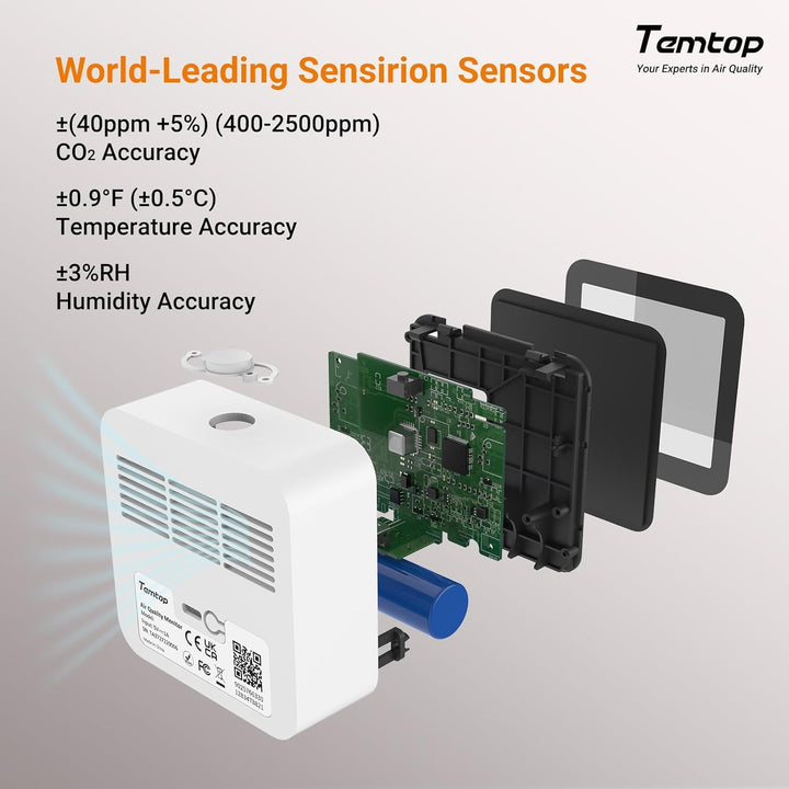 Temtop CO2 Bluetooth Messgerät Raumluft Mit App-Verbindung, Echtzeit CO2 Überwachung, Temperatur & L