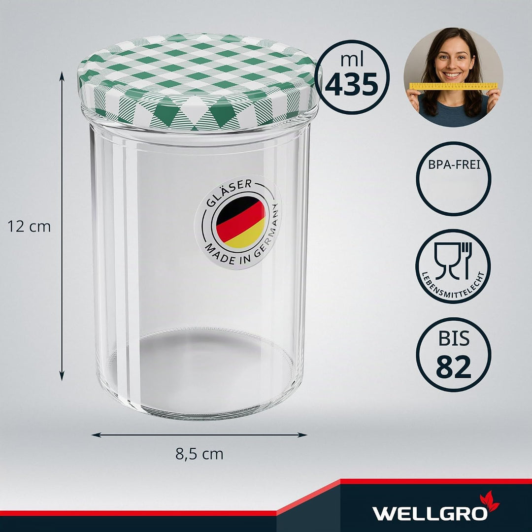 WELLGRO 25x Einmachgläser mit Schraubdeckel - 435 ml, 8,5 x 12 cm (ØxH), Glas/Metall, grün karierte