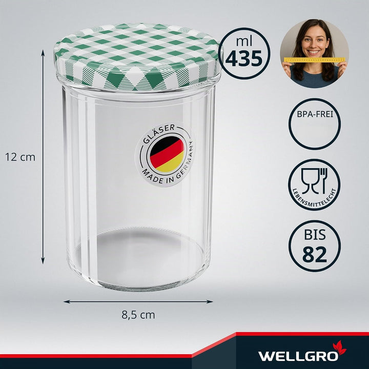 WELLGRO 12x Einmachgläser mit Schraubdeckel - 435 ml, 8,5 x 12 cm (ØxH), Glas/Metall, grün karierte