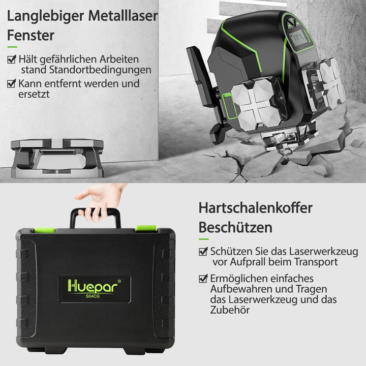 Huepar 16 Linien-selbstnivellierendes Laserniveau 4 x 360 ° mit LCD-Bildschirm, 4D Bluetooth Grüner