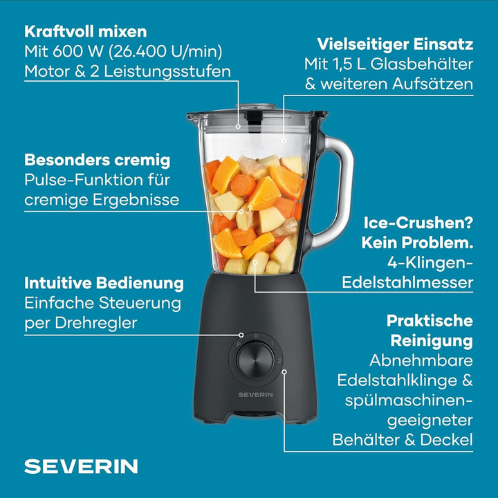Severin Standmixer, Smoothie Maker, Blender elektrisch, 1,5L, 2 Stufen, Impulsfunktion, spülmaschine